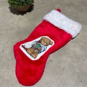 Vtg Cross Stitch Teddy Bear Stocking Christmas Holiday Festive Grannycore Winter